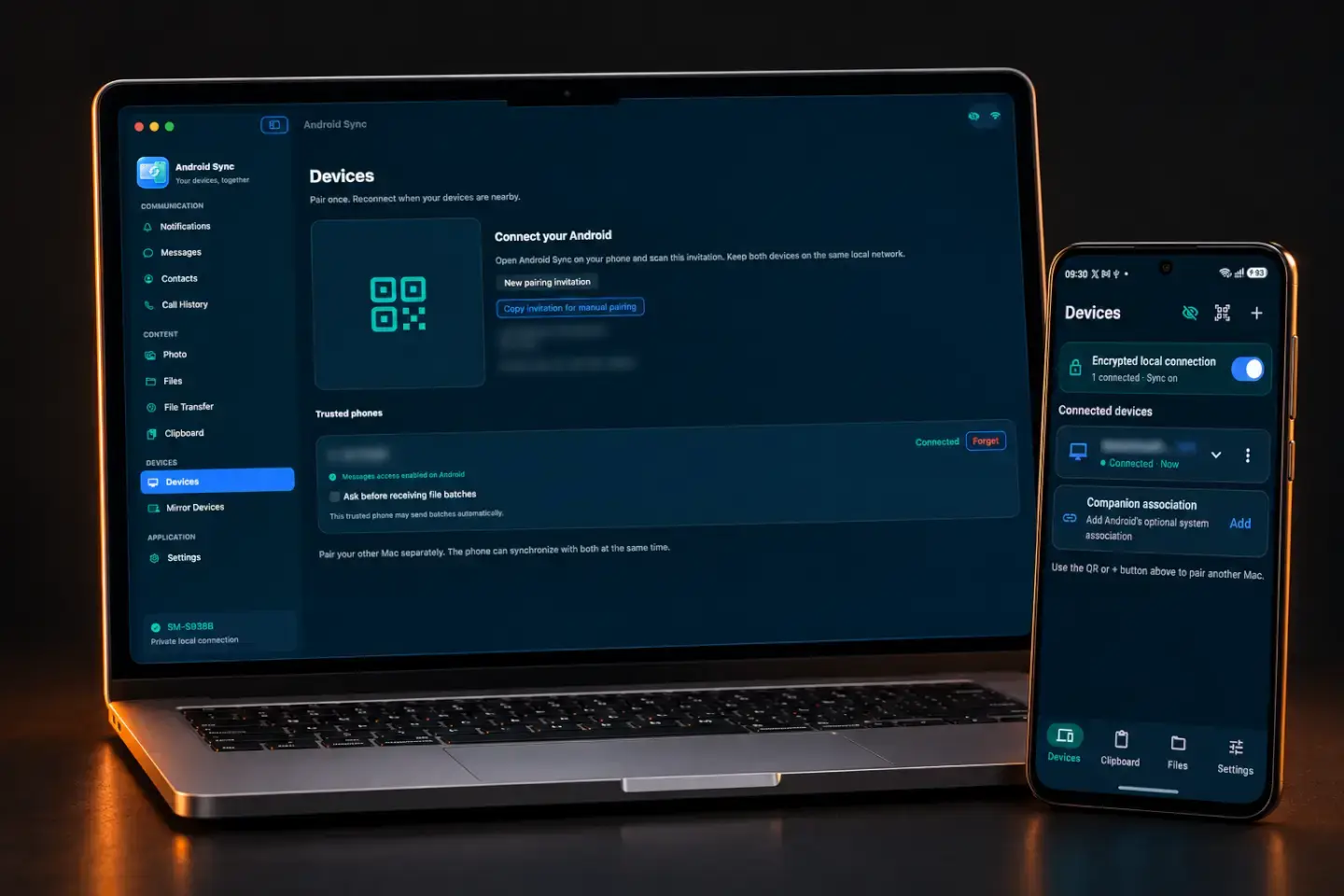 AndroidSync devices on real Android and Mac screens in dark mode