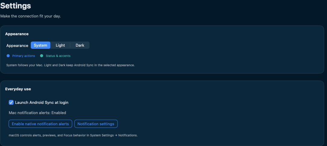 Mac Settings showing appearance, launch at login and notification controls.