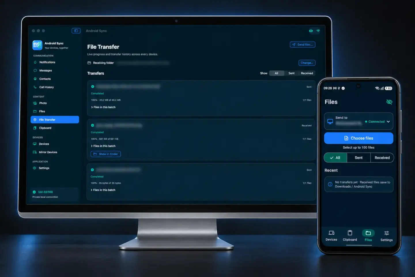 AndroidSync files on real Android and Mac screens in dark mode