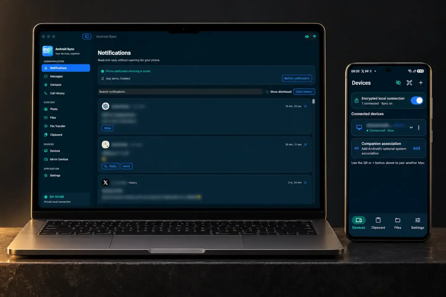 AndroidSync notifications on real Android and Mac screens in dark mode